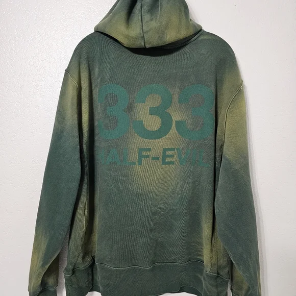 333 Half-Evil Hoodie XL Green Distressed Acid Wash Skater Streetwear Pullover - Picture 3 of 11